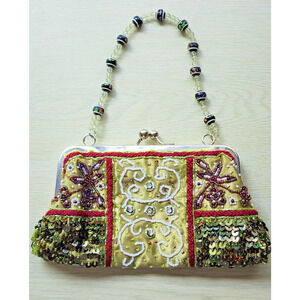 BEADED PURSE-Small-Beaded Handle-Green-Sequins-Evening Bag-Bling-Unique
